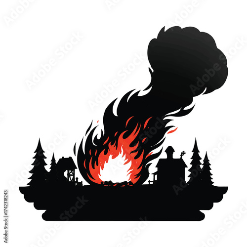 Silhouette landscape illustration with a forest fire and smoke rising up