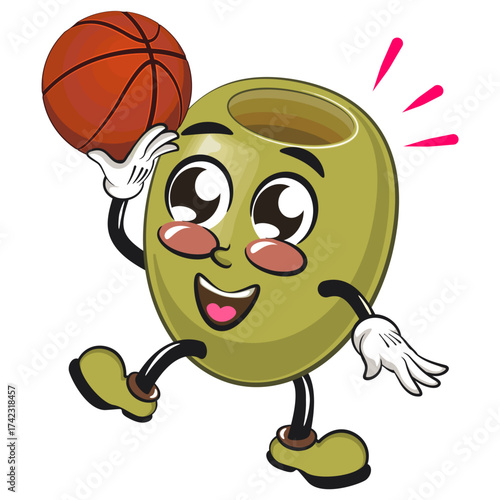 cute green olive mascot cartoon character isolated vector illustration playing basketbal, work of hand drawn
