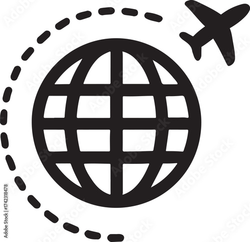 Globe with dashed flight route icon vector, representing travel, aviation, and international journey themes.