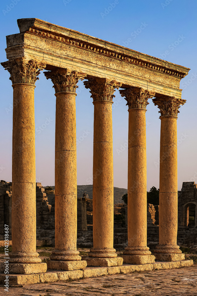 Fototapeta premium Six ancient Roman Corinthian columns standing in a row at an archaeological site, captured in warm golden light with distant ruins and hills under a clear sky.