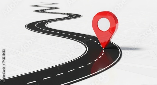 Winding road with a red location pin concept for travel destination route planning and navigation