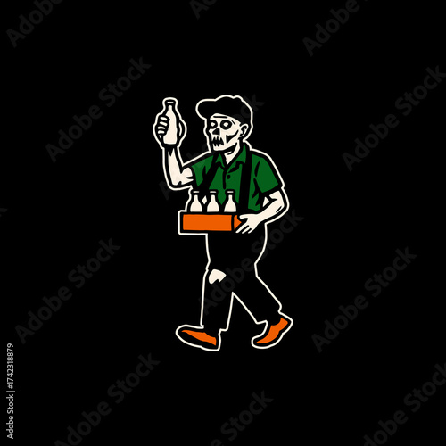 Cartoon Zombie Milkman Holding Bottle and Carrier with Milk.