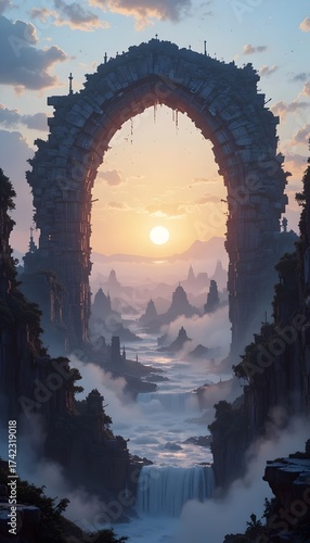 Ancient Stone Archway Waterfall Sunrise Fantasy Ruin Landscape