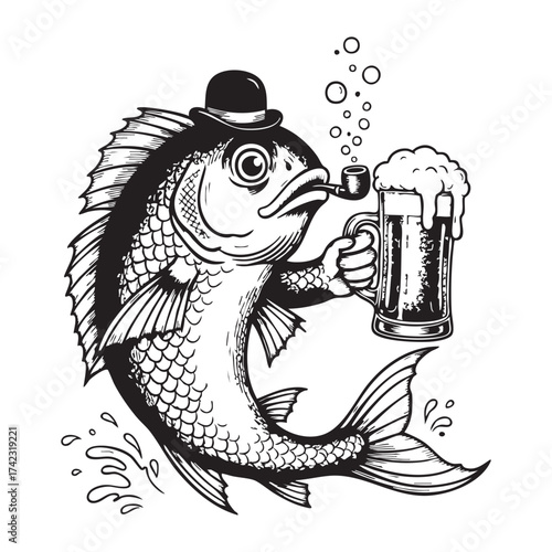 Gentleman Fish Mascot Holding Beer Mug, Vintage Black and White Woodcut Illustration