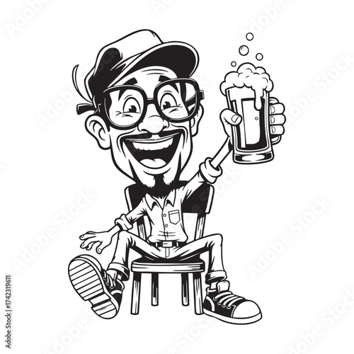 Funny Man with Glasses and Mustache Sitting and Cheering with Beer Mug - Cartoon Illustration