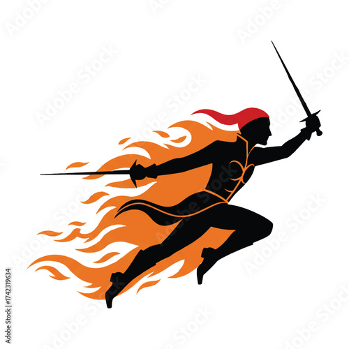Warrior woman wielding swords with fire and flame silhouette vector