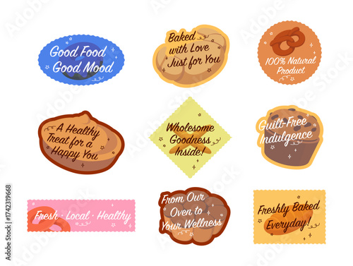 Colorful vector stickers for Bakery showcasing fun food messages to promote healthy indulgence and local products
