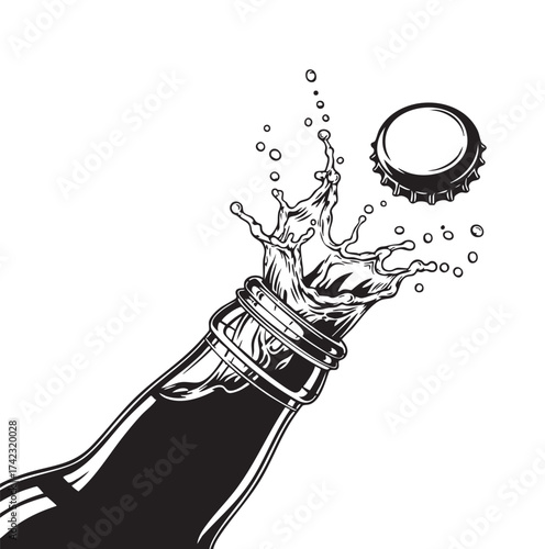 Beer Bottle Opening with Splash and Cap Flying - Celebration Vector Illustration