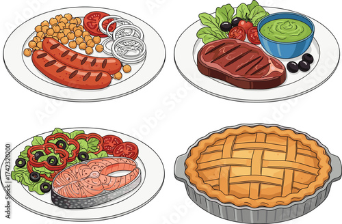 Delicious food plates illustration with steak, sausage, fish, salad, and pie, tasty meal collection, restaurant cuisine, lunch, dinner artwork