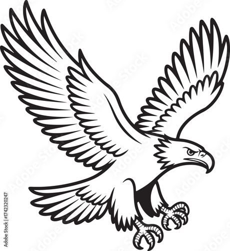 Black and white outline of an eagle in flight with wings outstretched Keywords: eagle, bird, raptor