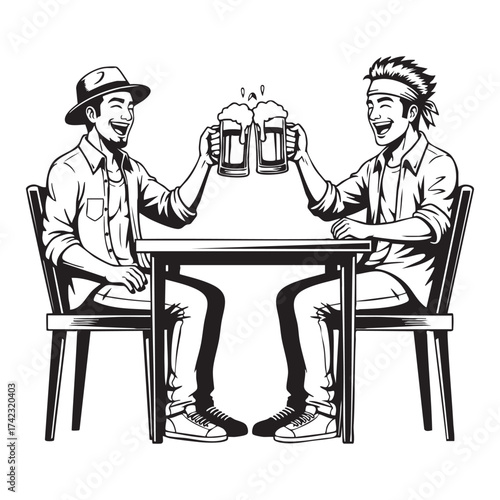 Two Happy Men Cheering with Beer Mugs - Friends Drinking Party Illustration