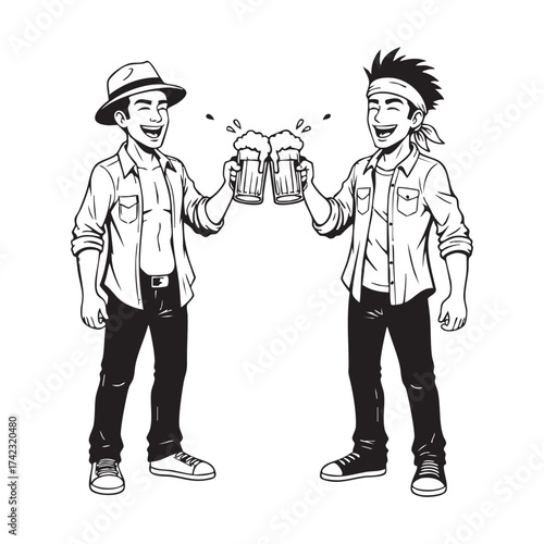 Two Happy Men Cheering with Beer Mugs - Friends Drinking Party Illustration