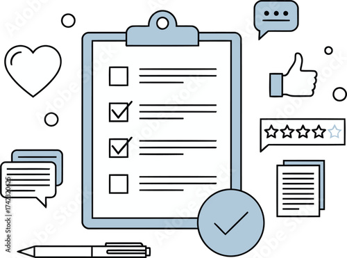 Review the checklist for feedback with rating stars on a clipboard for evaluation and approval process