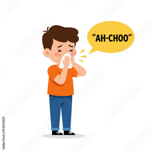 Child Sneezing in Bright Orange Shirt, Illustrative Cartoon, Indoor Setting, Whimsical Style, Humorous Tone