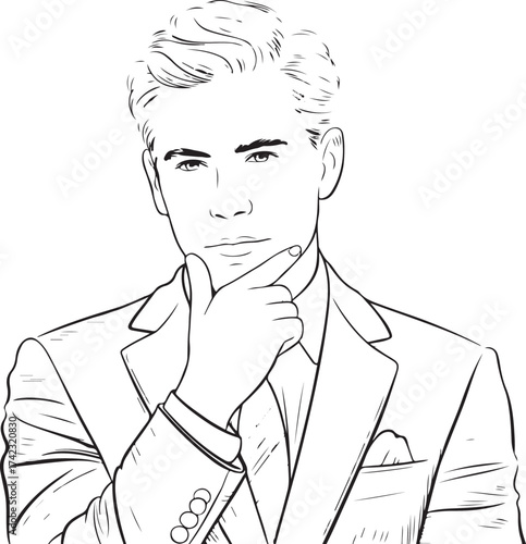 Line drawing of a man in a suit with hand on chin thinking Keywords: man, portrait, suit, thinking