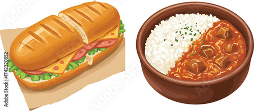 Delicious sandwich and curry rice bowl, fresh lunch meal, tasty fast food combination, Asian cuisine and Western snack fusion concept illustration