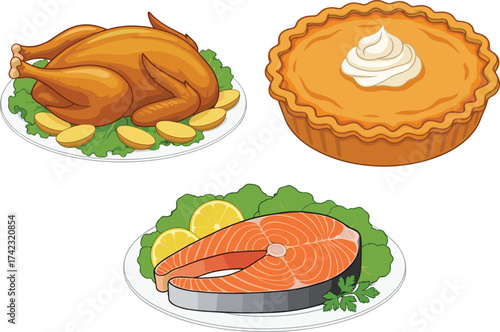 Delicious roasted turkey, grilled salmon steak, and creamy pumpkin pie illustration, festive dinner meal, holiday food concept, vector design