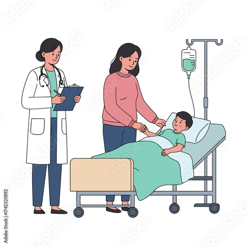 Nurse and Mother Attend to Sick Child in Hospital Room Illustration