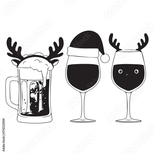 Christmas Drinks with Antlers and Santa Hat - Festive Beer and Wine Glasses