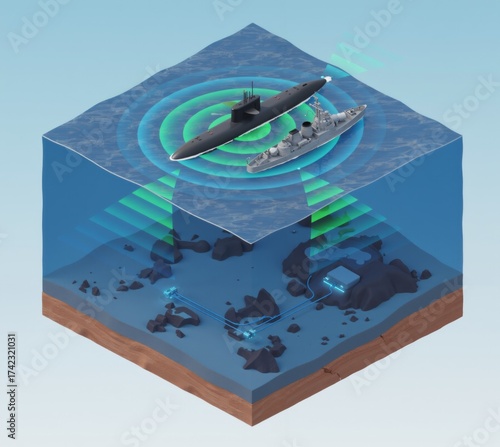 isometric diagram showing a naval submarine and a warship using sonar to detect and monitor a subsurface sensor network on a rocky seabed
