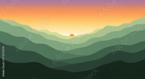 Serene sunset over layered green hills, a modern digital illustration concept of a peaceful mountain valley vista