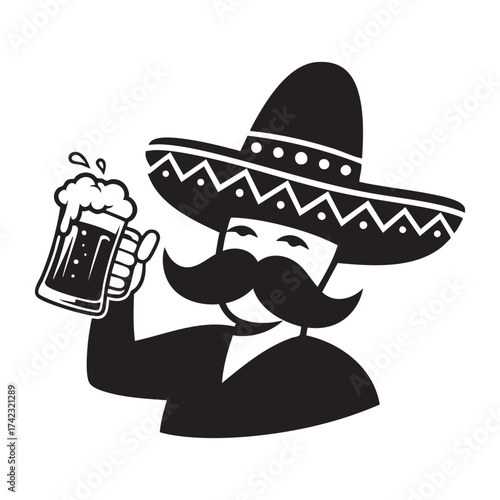 Funny Mexican Man with Sombrero and Mustache Drinking Beer - Cinco de Mayo Illustration