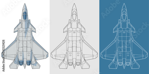 Set chengdu j 20 military aircraft design in blueprint, lineart and colored style from top view. Vector illustrations colorful fighter jet. Chinese fifth generation warplane.