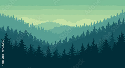Vector illustration of a misty green forest with layered pine trees and distant mountains. A minimalist flat design landscape background for nature scenery