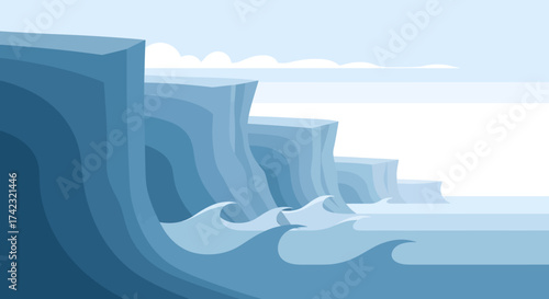 Arctic landscape with towering ice glaciers and ocean waves. A serene and cold polar seascape vector illustration