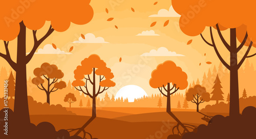 Vibrant autumn forest landscape with falling leaves and the sun on the horizon. A serene and colorful flat design vector illustration of a fall park scene