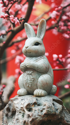 Jade rabbit statue with cherry blossoms and red background