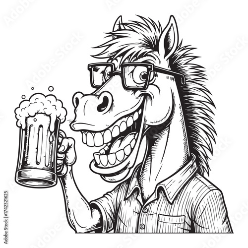Funny Horse with Glasses Drinking Beer Mug - Cartoon Illustration