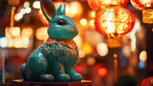 Jade rabbit statue with golden patterns and red lanterns at Lunar New Year
