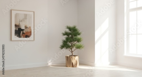 Minimalist interior design with pine tree and abstract art creating a tranquil and inviting modern living space