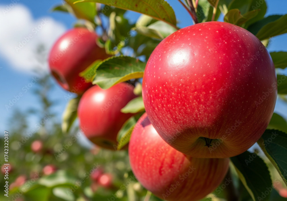 Obraz premium Bright red apple hanging against a blue sky with sunlight shining through the orchard trees