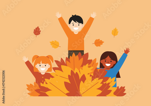 Delighted children playing in a vibrant autumn leaf pile, enjoying fall outdoor fun with happy smiles, cheerful flat design illustration