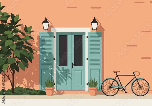 Charming building facade with elegant blue shutters, a classic bicycle, and lush green potted plants by an orange wall, evoking a serene street scene