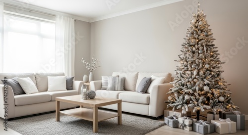 Elegant Christmas tree with presents creates a cozy holiday atmosphere in a bright and stylish living room setting