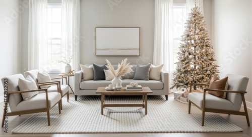 Elegant Christmas scene with decorated tree, luxurious furniture, and serene winter holiday atmosphere for home decor