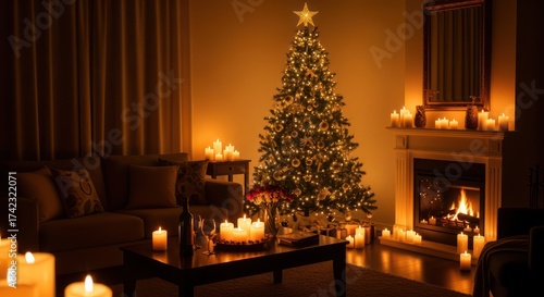 Experience the cozy warmth of a candlelit Christmas evening in a serene living room with a glowing tree