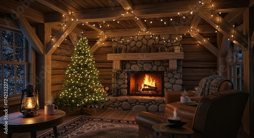 Wallpaper Mural Warm and cozy Christmas Eve scene with lit tree, fireplace, and hot cocoa in rustic cabin interior Torontodigital.ca