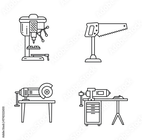 Workshop tools and machinery icons
