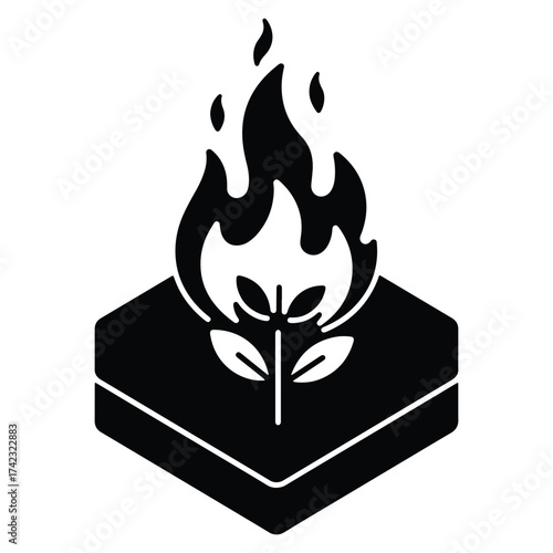 Burning plant on a geometric platform represents destruction and environmental issues