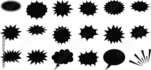 Collection of Black Starburst and Speech Bubble Shapes on White Background