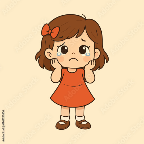 Cartoon sad girl illustration vector art crying child with bow in hair vector image for kids design