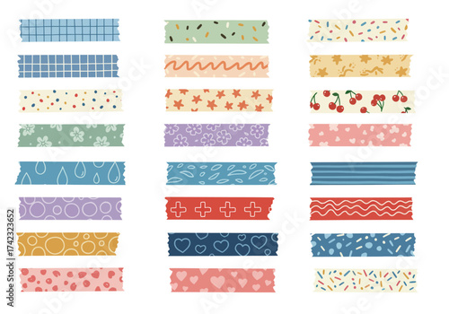 Japanese tape washi, cute masking paper, colorful scotch, scrapbook pattern, decoration frame with color texture, craft sticky set isolated on white background. Vector illustration