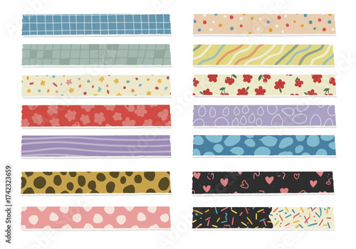 Japanese tape washi, cute masking paper, colorful scotch, scrapbook pattern, decoration frame with color texture, craft sticky set isolated on white background. Vector illustration