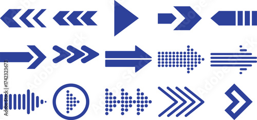 Collection of diverse blue arrow icons and symbols pointing right and left