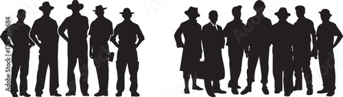 Silhouette group of people wearing hats and standing together vector illustration