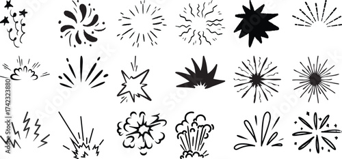 Collection of Hand-Drawn Starbursts, Explosions, and Sparkle Elements
